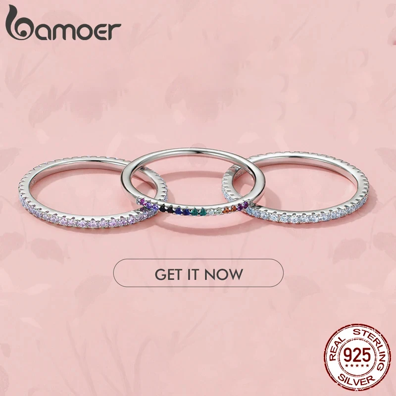 BAMOER 925 Sterling Silver Full Paved Simulated Diamond Stackable Rings, Women Gold Plated Engagement Eternity Bands Colored CZ thumbnail 4