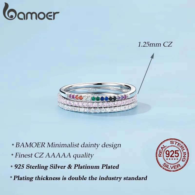 BAMOER 925 Sterling Silver Full Paved Simulated Diamond Stackable Rings, Women Gold Plated Engagement Eternity Bands Colored CZ thumbnail 5