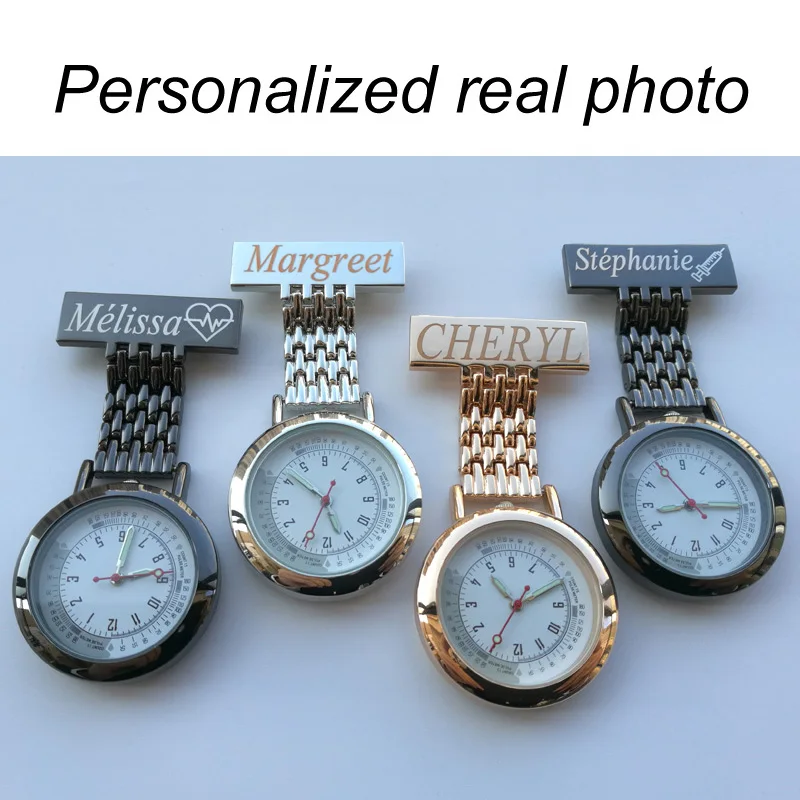 Personalized Your Name LOGO Engraved Pin Brooch Count Pluse Meter Dial Luminous Hand Doctor Clock Fob Nurse Pocket Watch thumbnail 2