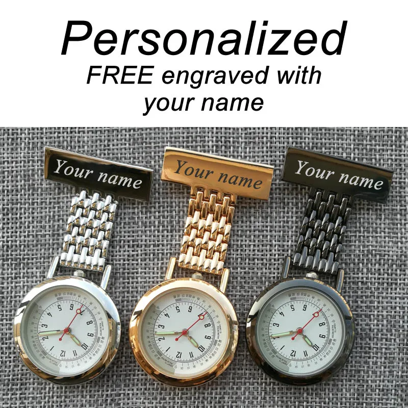 Personalized Your Name LOGO Engraved Pin Brooch Count Pluse Meter Dial Luminous Hand Doctor Clock Fob Nurse Pocket Watch