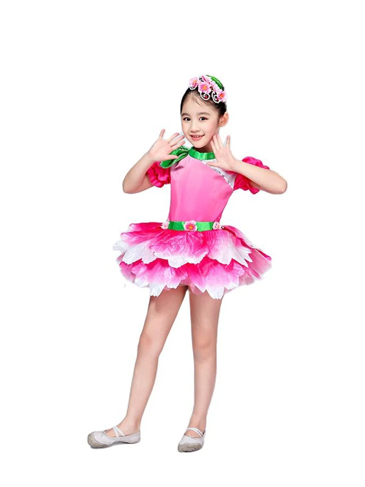 Pink Fancy Dress Flower Dancewear Girls Dance Costume Salsa Dance Dress Of Girl Dance Wear thumbnail 2