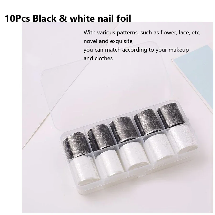 10 Rolls 2.5*60cm New Black White Lace Transfer Foil Nail Art Sexy Full Wraps Flower Glue Adhesive DIY Manicure Styling Tools thumbnail 2