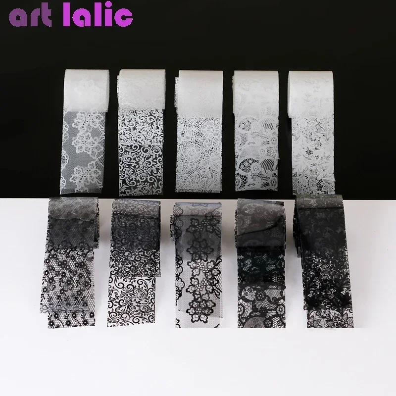 10 Rolls 2.5*60cm New Black White Lace Transfer Foil Nail Art Sexy Full Wraps Flower Glue Adhesive DIY Manicure Styling Tools thumbnail 4