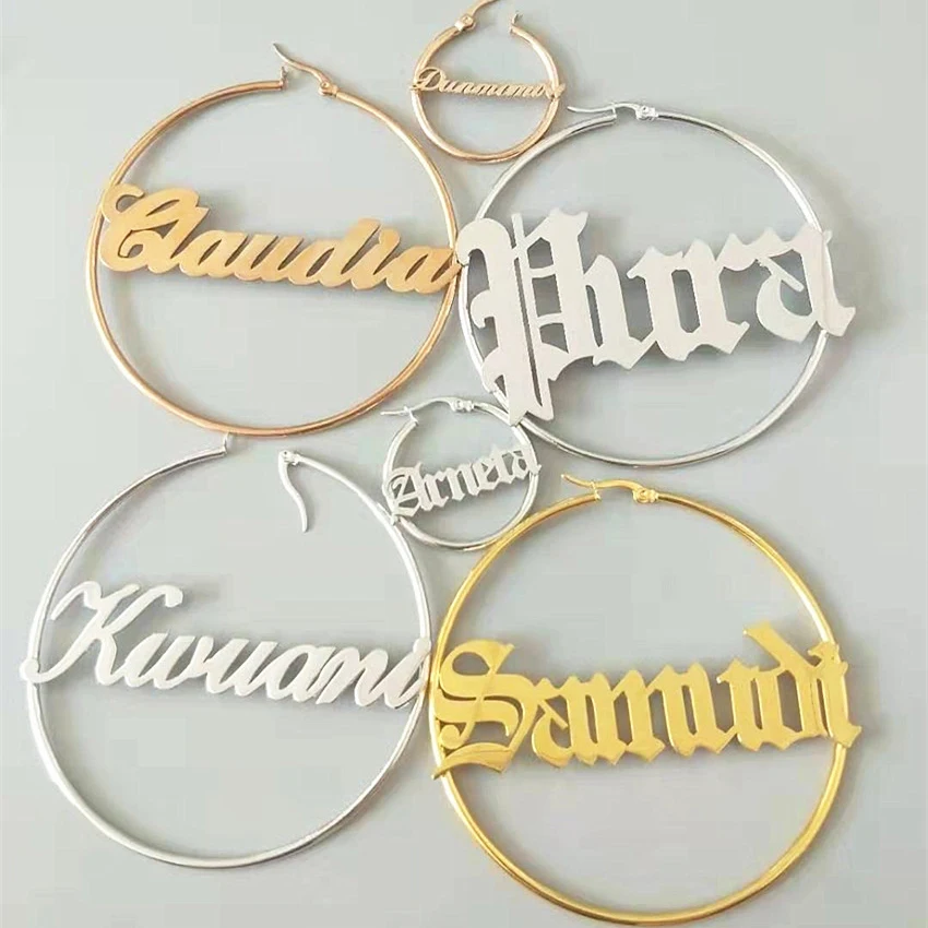 Personalized Women Big Earrings Custom Any Name Jewelry Old English Font Stainless Steel Circle Round Pendientes Mujer Gift thumbnail 2