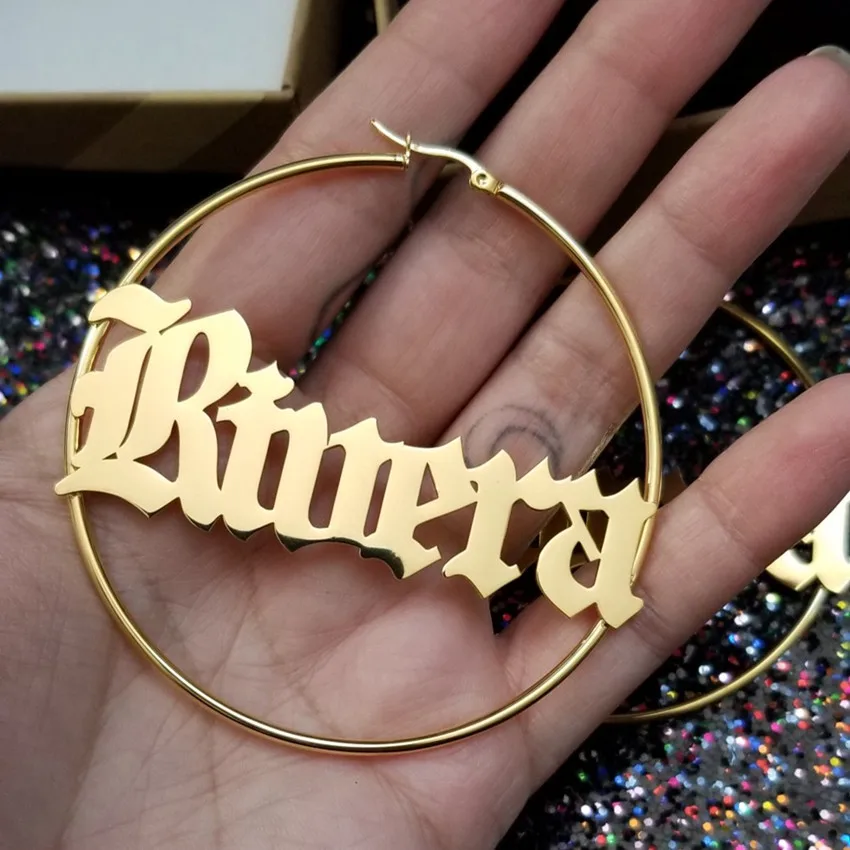 Personalized Women Big Earrings Custom Any Name Jewelry Old English Font Stainless Steel Circle Round Pendientes Mujer Gift thumbnail 4