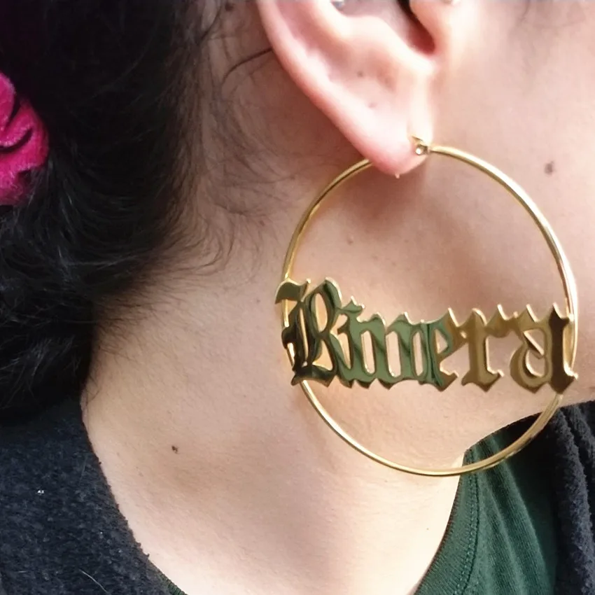 Personalized Women Big Earrings Custom Any Name Jewelry Old English Font Stainless Steel Circle Round Pendientes Mujer Gift thumbnail 3