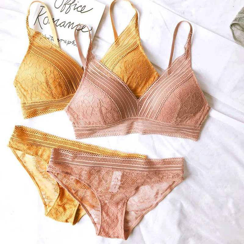 New Women 4 Colour Underwear French Wire-Free Ultra-thin Bralette Sexy Lace Triangle Cup Push Up Bra Set Cotton Bra and Panties thumbnail 2