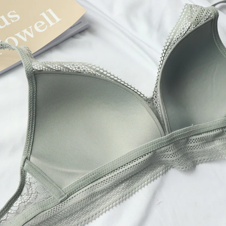 New Women 4 Colour Underwear French Wire-Free Ultra-thin Bralette Sexy Lace Triangle Cup Push Up Bra Set Cotton Bra and Panties thumbnail 6