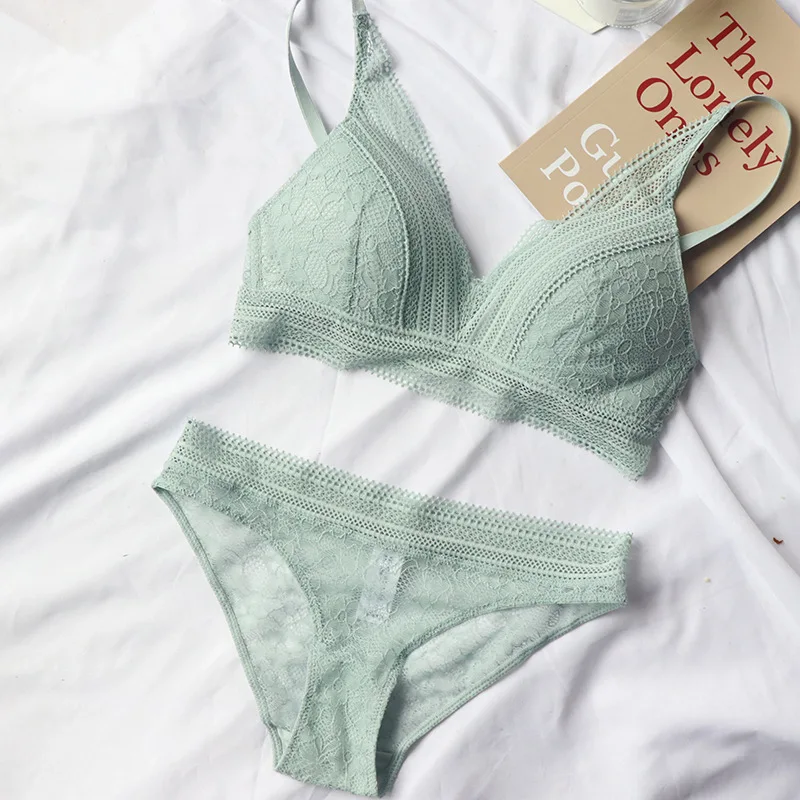 New Women 4 Colour Underwear French Wire-Free Ultra-thin Bralette Sexy Lace Triangle Cup Push Up Bra Set Cotton Bra and Panties thumbnail 5