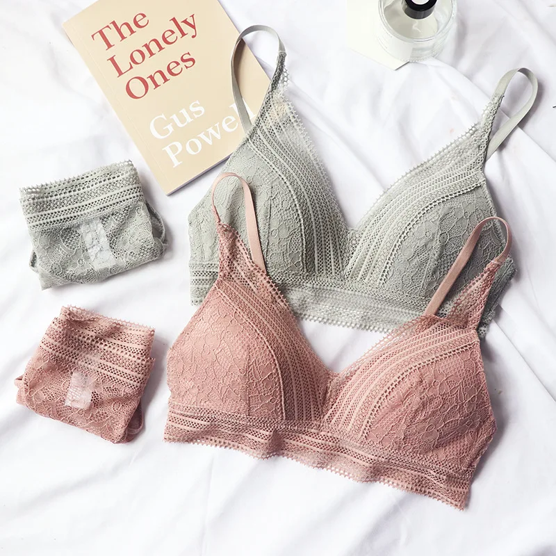 New Women 4 Colour Underwear French Wire-Free Ultra-thin Bralette Sexy Lace Triangle Cup Push Up Bra Set Cotton Bra and Panties thumbnail 3