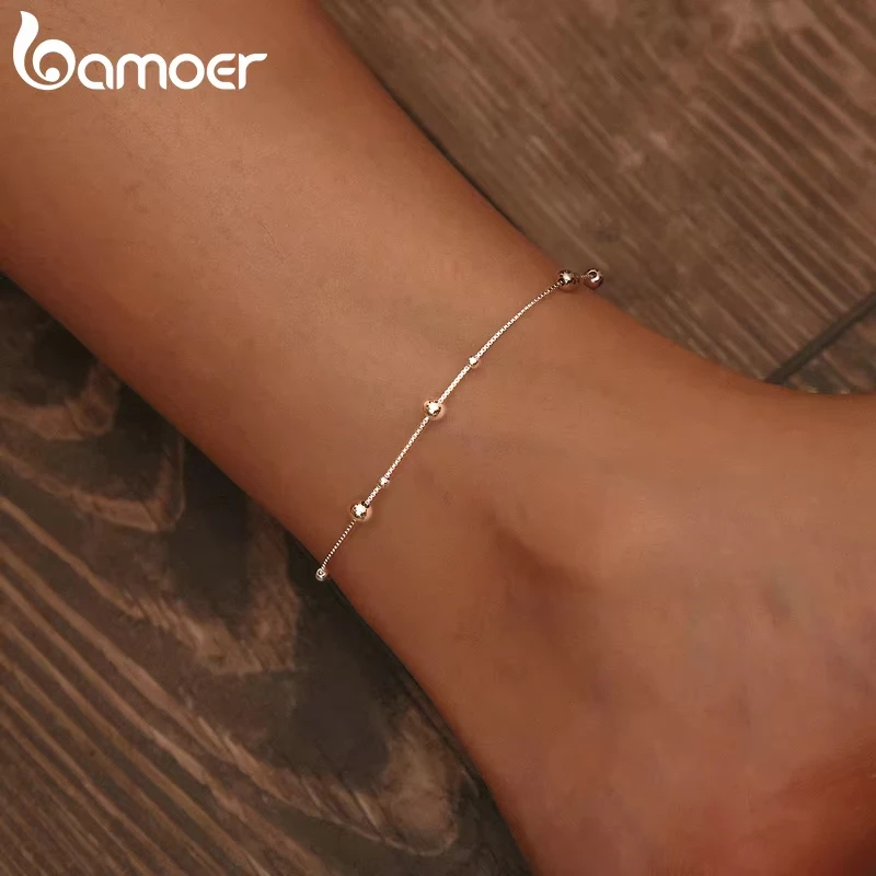 BAMOER Minimalist Round Beads Anklet Sterling Silver Chian Bracelet for Leg Female Foot Jewelry For Women Leg Chain SCT005 thumbnail 3