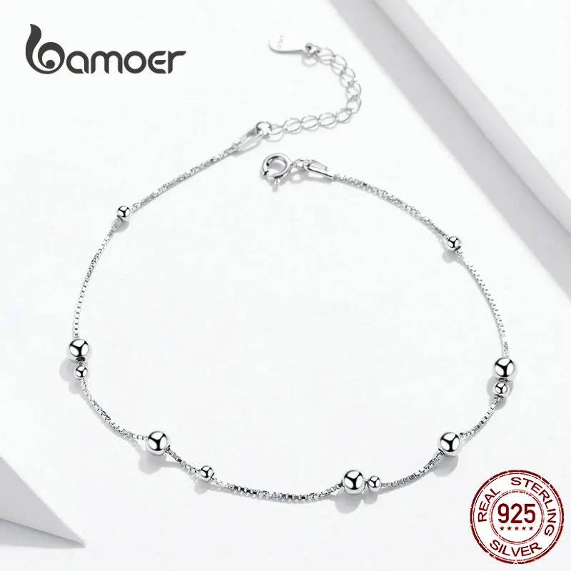 BAMOER Minimalist Round Beads Anklet Sterling Silver Chian Bracelet for Leg Female Foot Jewelry For Women Leg Chain SCT005 thumbnail 4