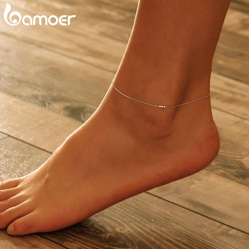 Bamoer Silver Small Beads Anklets for Women Beaded Summer Sterling Silver 925 Foot Jewelry Fashion Style Leg Bracelet SCT007