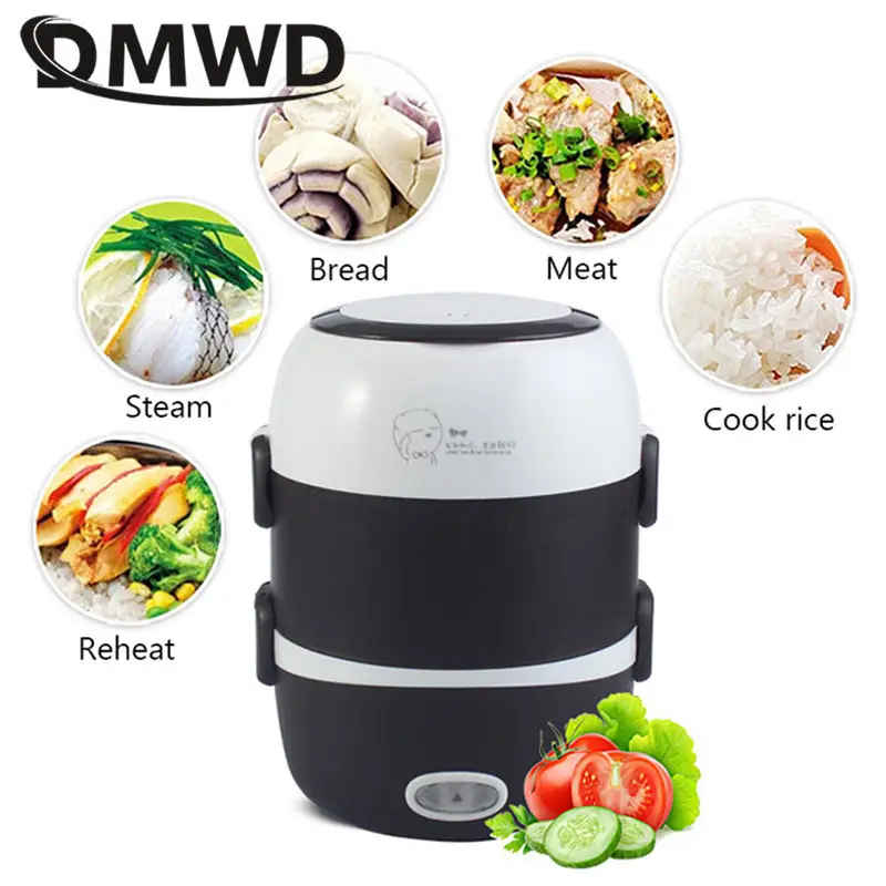 DMWD Electric Mini rice cooker 2/3 layers stainless steel liner portable egg boiler steamer food warmer lunch box multicooker 2L thumbnail 3