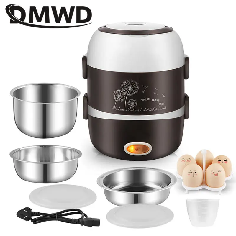 DMWD Electric Mini rice cooker 2/3 layers stainless steel liner portable egg boiler steamer food warmer lunch box multicooker 2L thumbnail 2