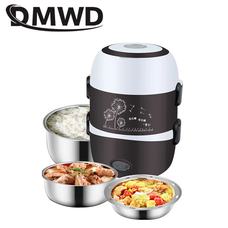 DMWD Electric Mini rice cooker 2/3 layers stainless steel liner portable egg boiler steamer food warmer lunch box multicooker 2L thumbnail 4
