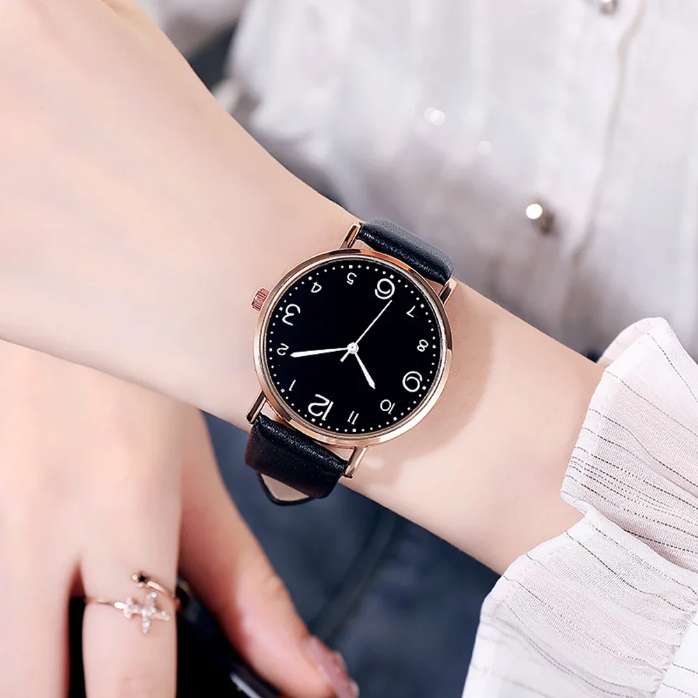New Simple Vintage Digital Face Leather Belt Woman Watch Round Leisure Student Quartz Watchs Wear Matching Women's Wristwatch thumbnail 2