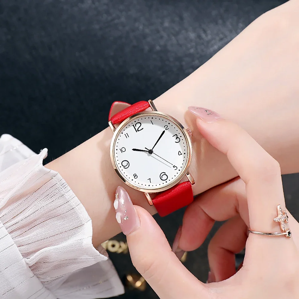 New Simple Vintage Digital Face Leather Belt Woman Watch Round Leisure Student Quartz Watchs Wear Matching Women's Wristwatch thumbnail 4