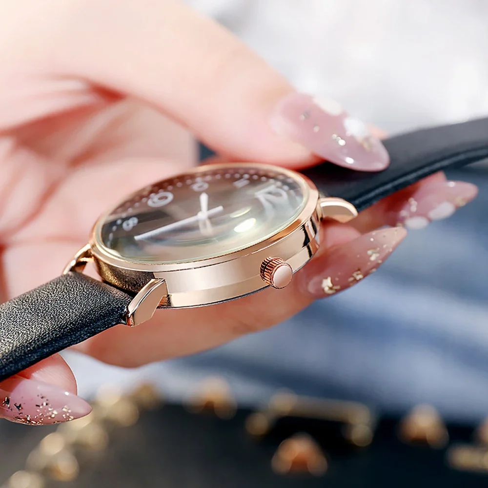 New Simple Vintage Digital Face Leather Belt Woman Watch Round Leisure Student Quartz Watchs Wear Matching Women's Wristwatch thumbnail 5