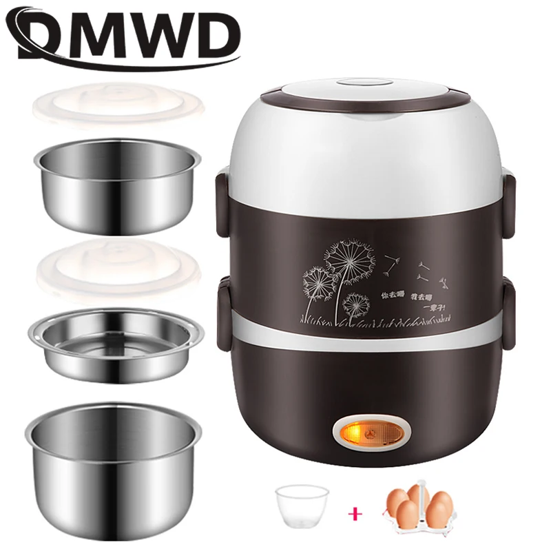 110V Portable Electric Heating Lunch Box Mini Rice Cooker Stainless Steel 2/3 Layers Food Steamer Picnic Meal Container Warmer thumbnail 2