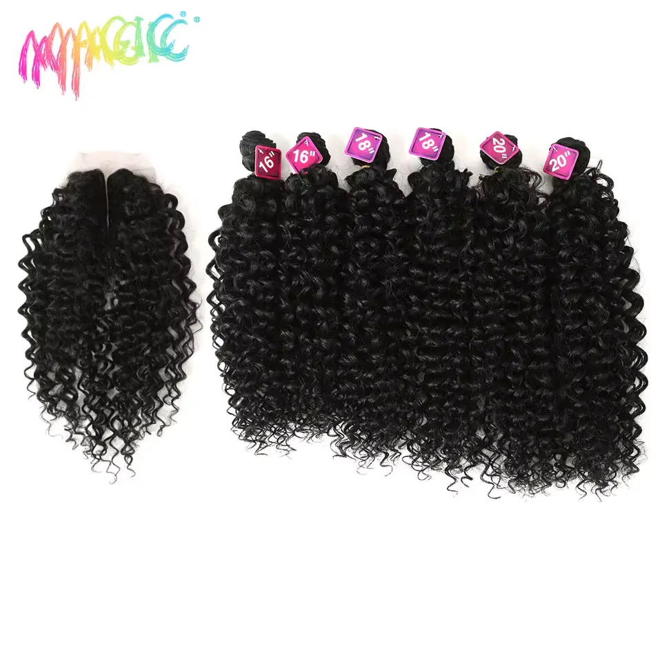 Magic Synthetic Afro Kinky Curly Hair Weave Hair 16-20 inch 7Pieces/lot Bundles With Closure African lace For Women hair Extens