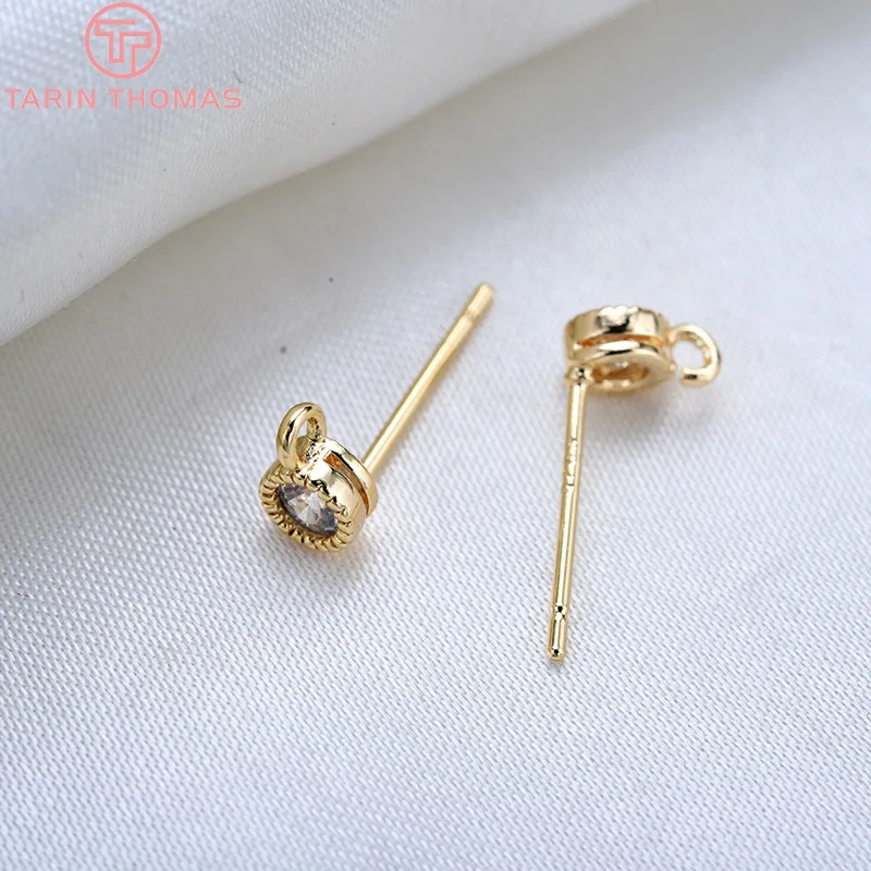 (2682)6PCS 4MM 24K Gold Color Plated Brass With Zircon Round Stud Earrings Pins High Quality Jewellery Accessories thumbnail 3