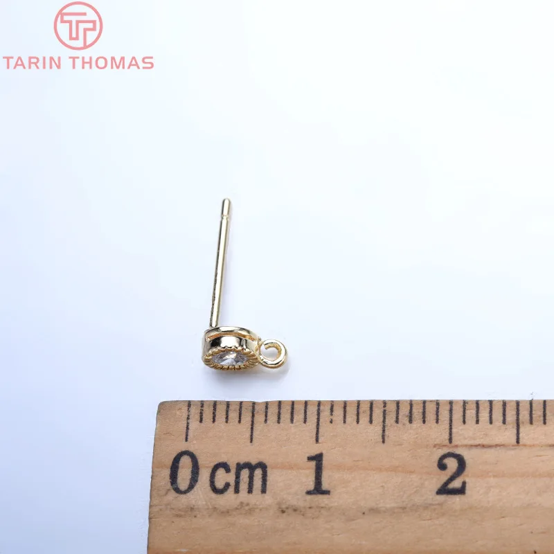 (2682)6PCS 4MM 24K Gold Color Plated Brass With Zircon Round Stud Earrings Pins High Quality Jewellery Accessories thumbnail 4