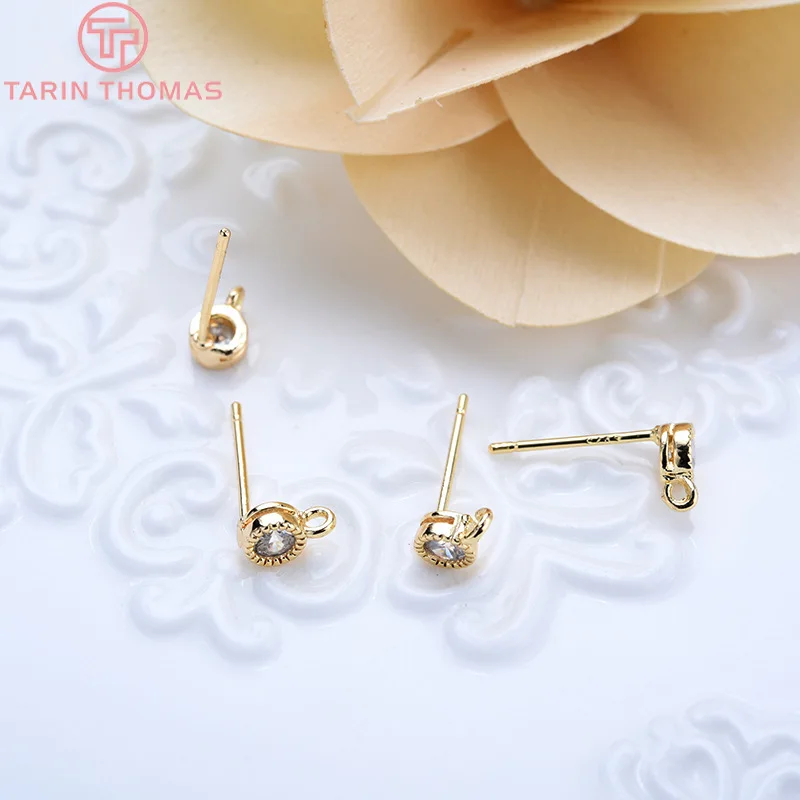 (2682)6PCS 4MM 24K Gold Color Plated Brass With Zircon Round Stud Earrings Pins High Quality Jewellery Accessories thumbnail 2