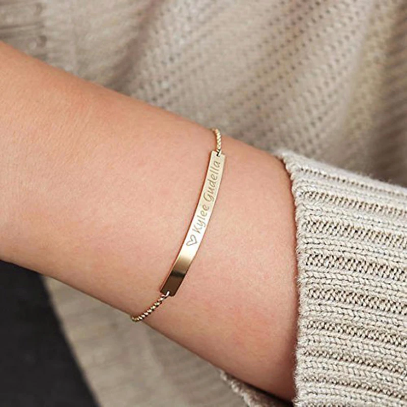 Elegant Personalized ID Bar Bracelets for Women 5mm Thin Stainless Steel Link Chain Custom Name Quotes BFF Bracelet Gift Jewelry thumbnail 2