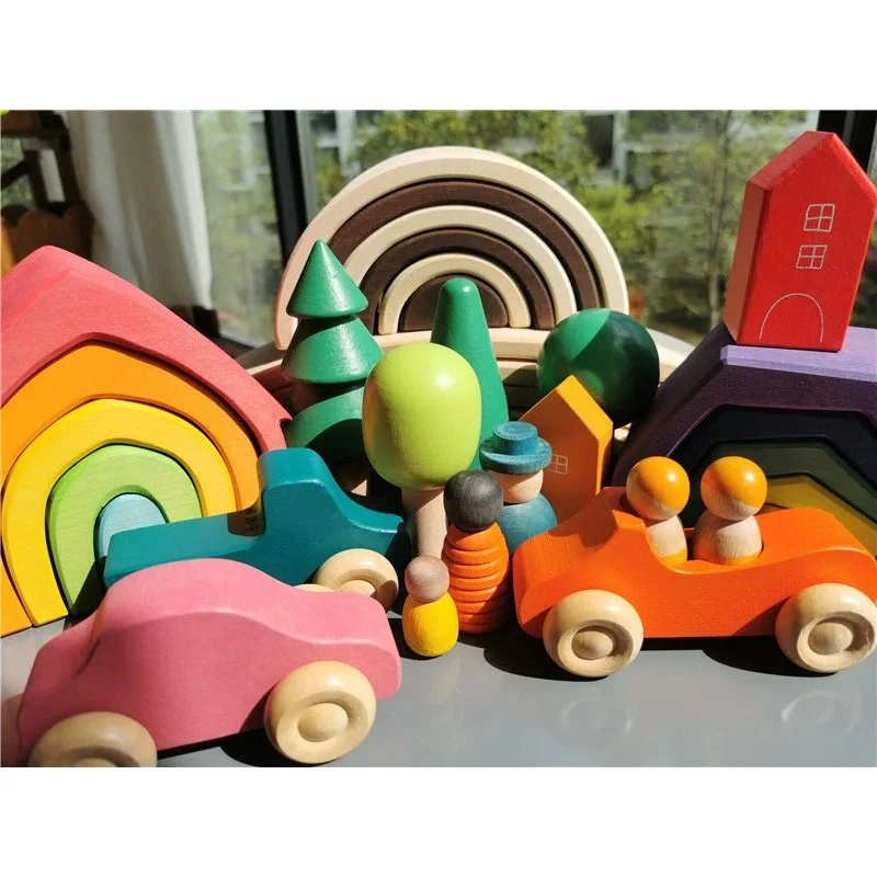 Montessori Wooden Toys Elemental Rainbow Stacking Blocks /Unpaint Wood Tree Building Stacking Car Volcano Coral Sea Wave thumbnail 2