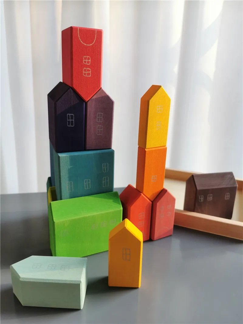 Montessori Wooden Toys Elemental Rainbow Stacking Blocks /Unpaint Wood Tree Building Stacking Car Volcano Coral Sea Wave thumbnail 4