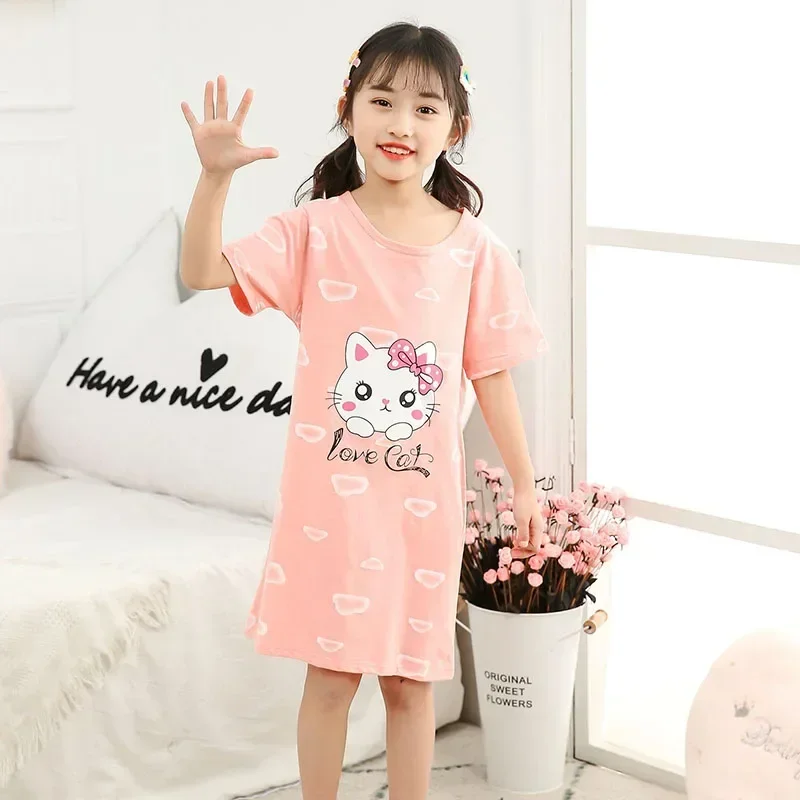 Kids Girls 100% Cotton Nightgown Cartoon Nightdress Girl Sleepwear Nightie Summer Short Sleeves Nightwear Children Clothes thumbnail 2