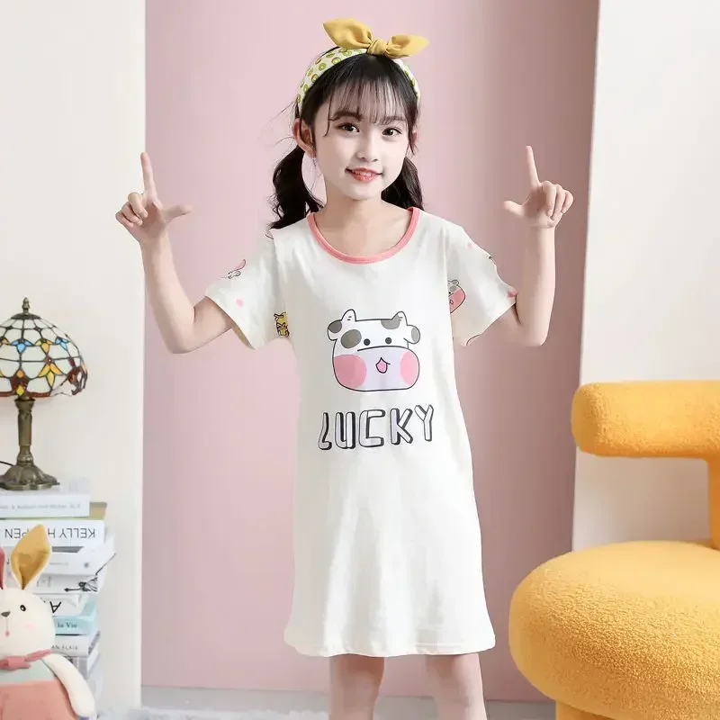 Kids Girls 100% Cotton Nightgown Cartoon Nightdress Girl Sleepwear Nightie Summer Short Sleeves Nightwear Children Clothes thumbnail 5