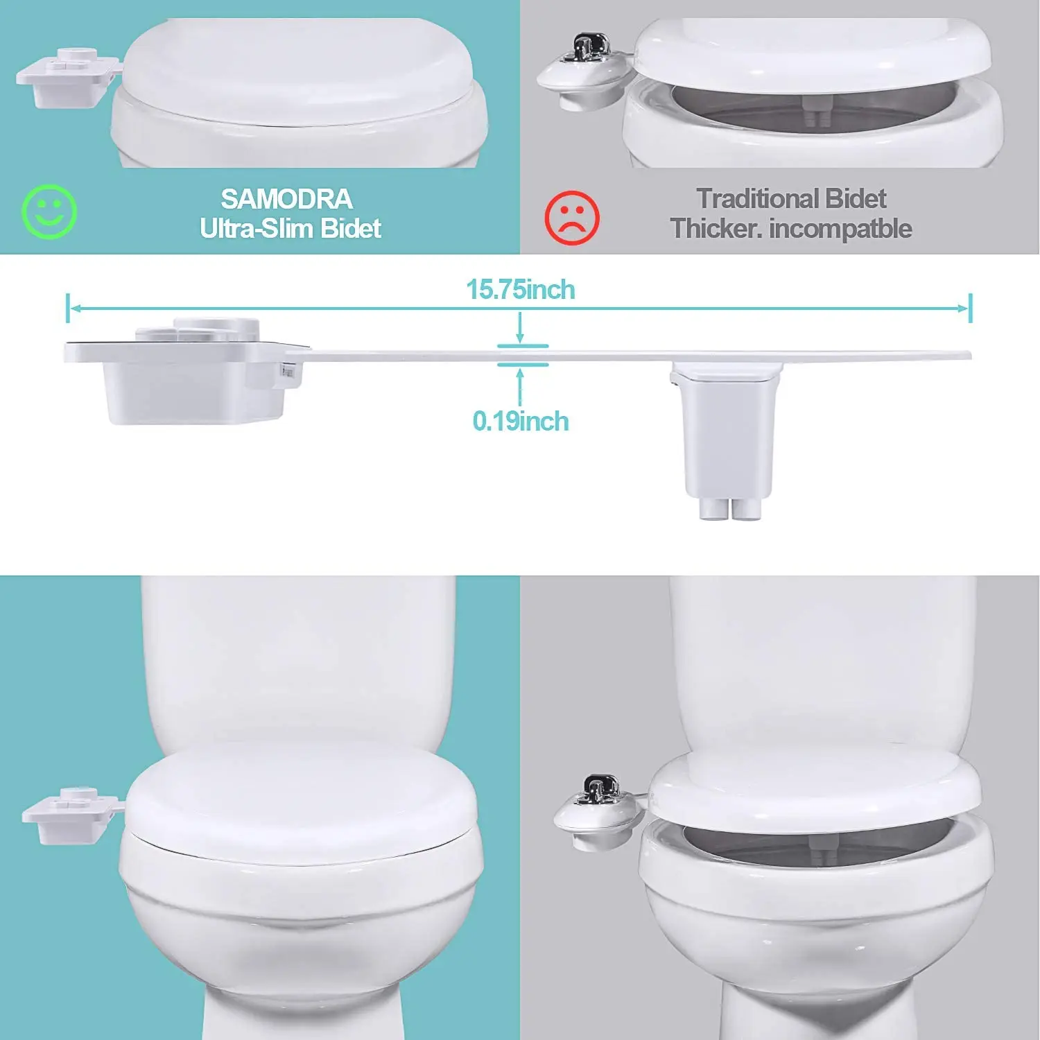 Samodra Toilet Bidet Shower Ultra-thin Bidet Toilet Seat Attachment Non-electric Bidet sprayer Dual Nozzles Frontal & Rear Wash thumbnail 4