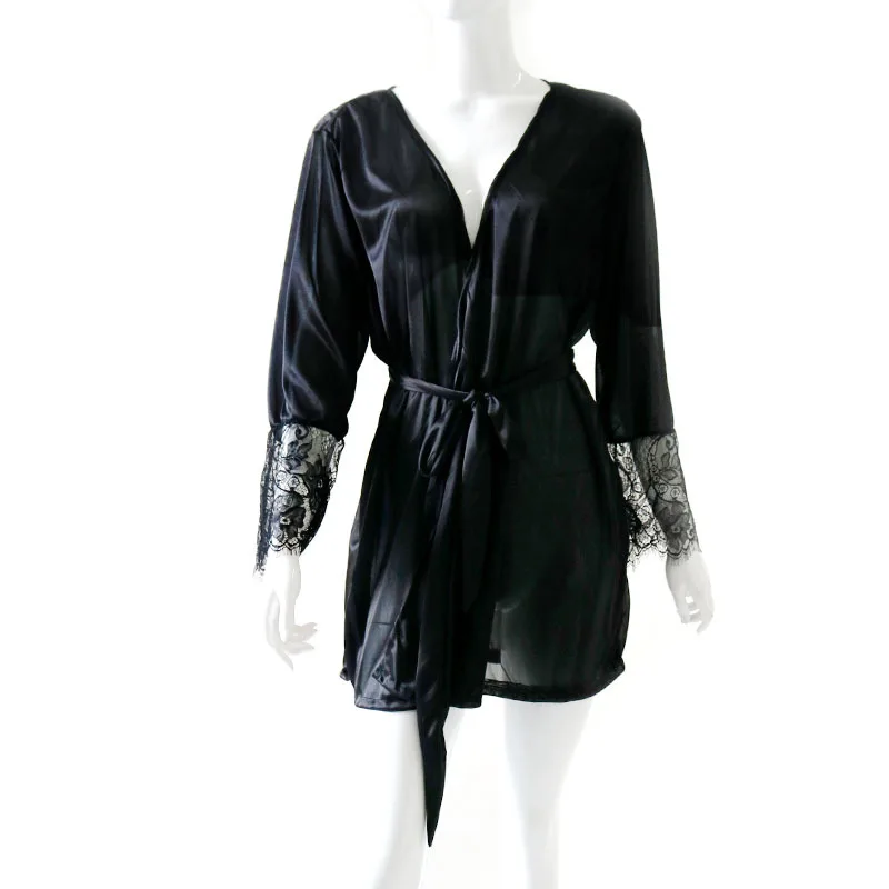 New Hot Sexy Lingerie Plus Size 5XL Satin Lace Black Kimono Intimate Sleepwear Robe Sexy Night Gown Women Erotic Underwear thumbnail 6