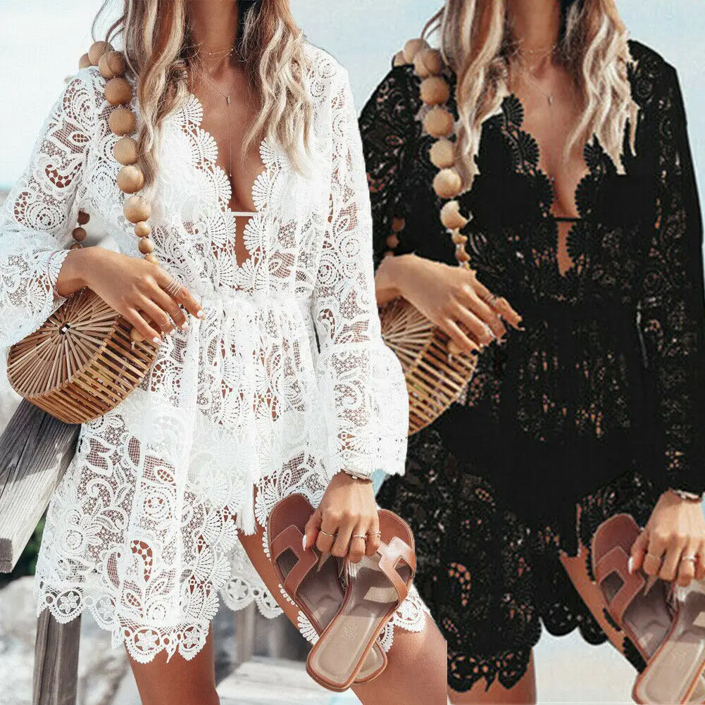 Hot Sale Women Sexy V-neck Lace Beach Bikini Cover Up Female Boho Casual Party Holiday Beach Dress Sundress Cover Up Outfits thumbnail 6