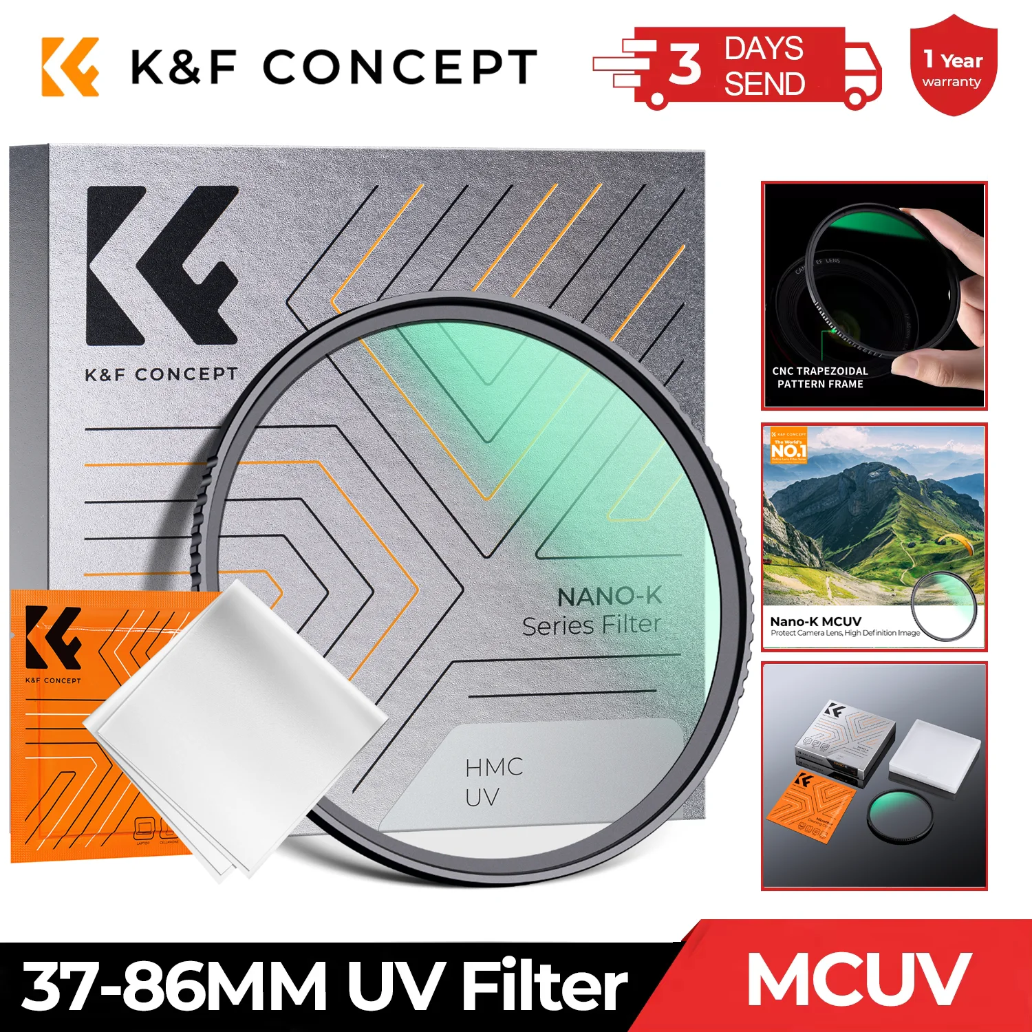 K&F CONCEPT 37-105mm UV Filter Lens MC Ultra Slim Optics with Multi Coated Protection 37mm 49mm 52mm 58mm 62mm 67mm  77mm 82mm
