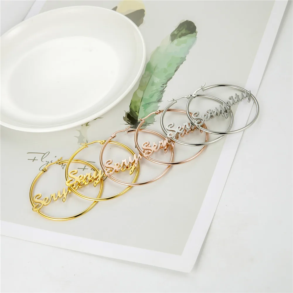 Cazador Custom Name Hoop Earrings Personalized Gold Color Stainless Steel For Earrings Women New Year Valentine Gift Jewelry thumbnail 4