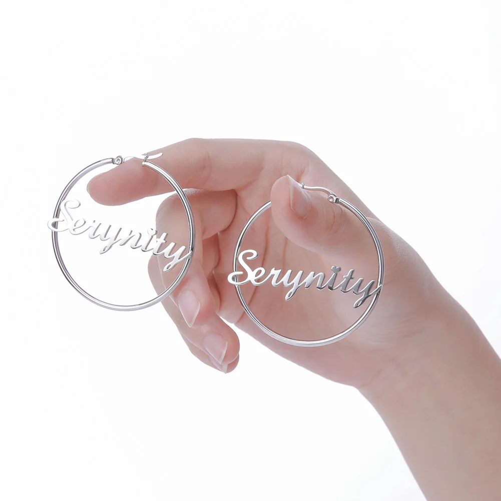 Sipuris Stainless Steel Personalized Customize Name Hoop Earrings Jewelry For Women Girls Circle Earring Fashion 30-60 MM thumbnail 3