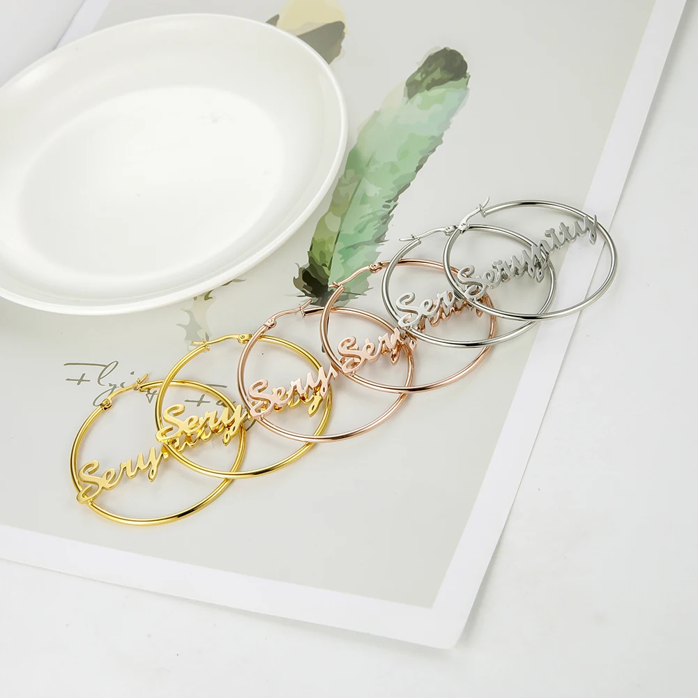 Sipuris Stainless Steel Personalized Customize Name Hoop Earrings Jewelry For Women Girls Circle Earring Fashion 30-60 MM thumbnail 4