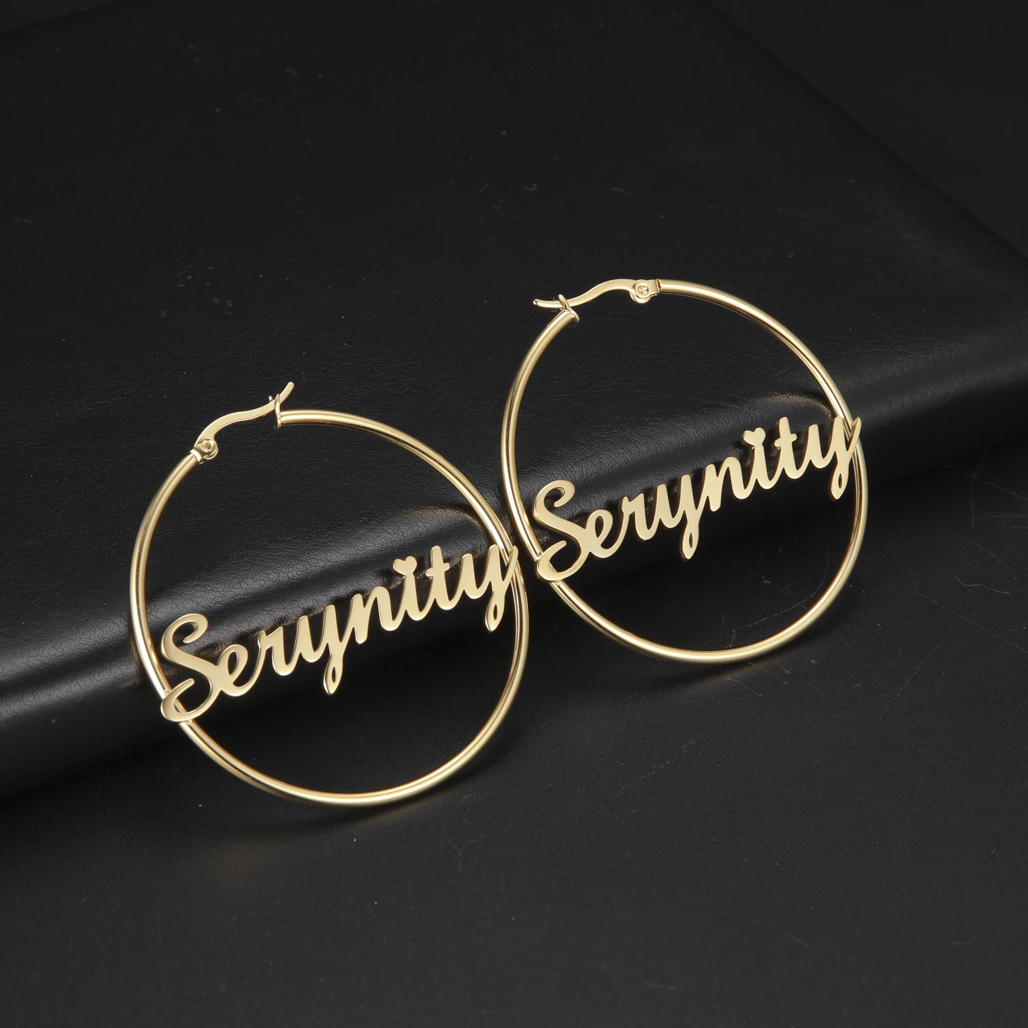 Sipuris Stainless Steel Personalized Customize Name Hoop Earrings Jewelry For Women Girls Circle Earring Fashion 30-60 MM thumbnail 2