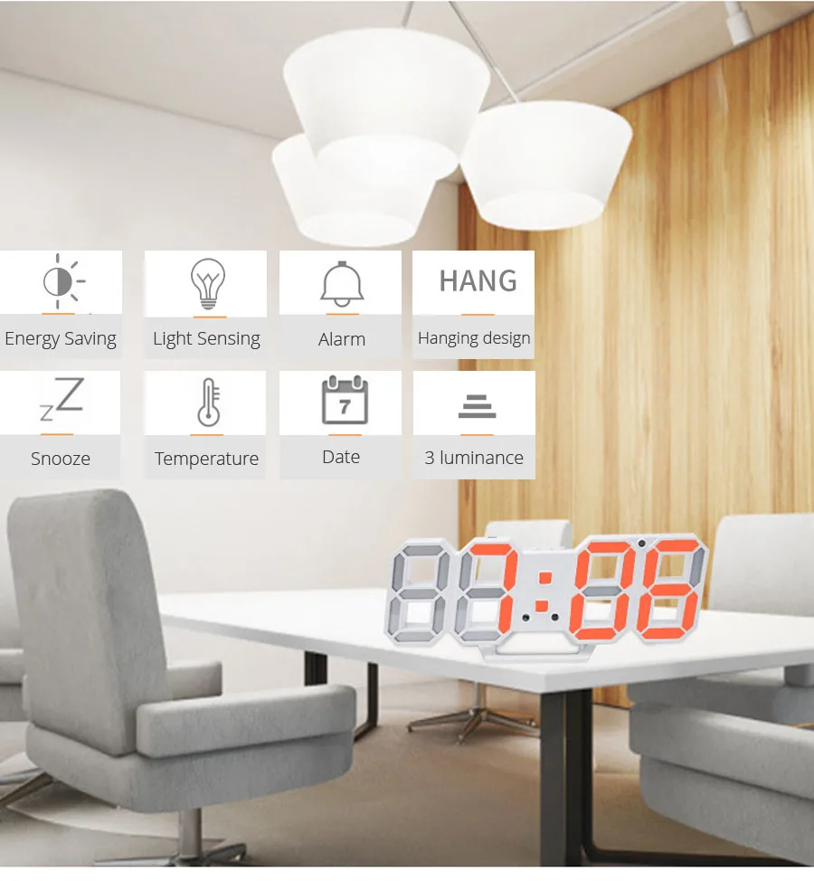 3D LED Wall Clock Modern Design Digital Table Clock Alarm Night Light Saat Wall Clock for Home Decor Living Room thumbnail 2