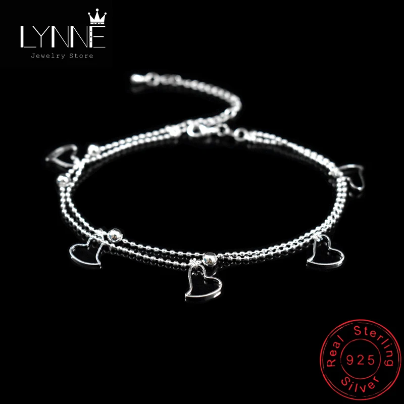 New Fashion 925 Sterling Silver Heart Pendant Anklets Women Jewelry Double Layer Small Bead Star Charm Beach Foot Chain Bracelet