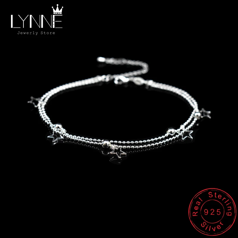New Fashion 925 Sterling Silver Heart Pendant Anklets Women Jewelry Double Layer Small Bead Star Charm Beach Foot Chain Bracelet thumbnail 4