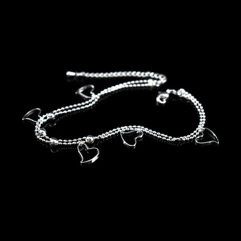 New Fashion 925 Sterling Silver Heart Pendant Anklets Women Jewelry Double Layer Small Bead Star Charm Beach Foot Chain Bracelet thumbnail 2