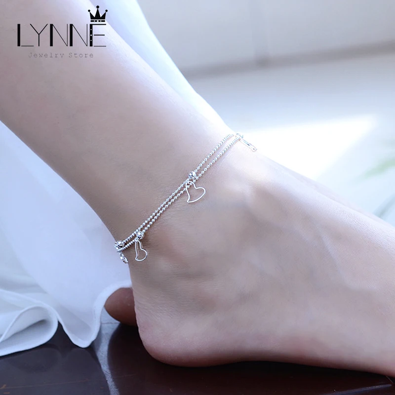 New Fashion 925 Sterling Silver Heart Pendant Anklets Women Jewelry Double Layer Small Bead Star Charm Beach Foot Chain Bracelet thumbnail 3