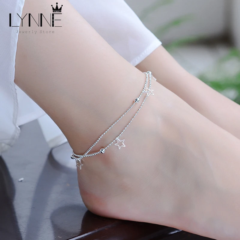 New Fashion 925 Sterling Silver Heart Pendant Anklets Women Jewelry Double Layer Small Bead Star Charm Beach Foot Chain Bracelet thumbnail 6