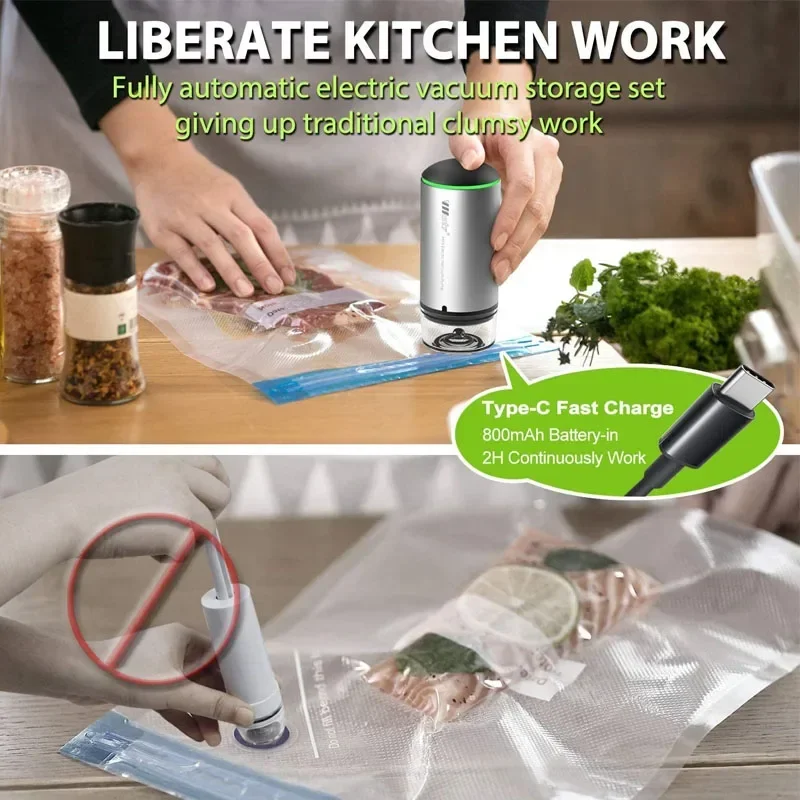 Reusable Vacuum Food Storage Bag Food Vacuum Sealer Sous Vide Bags USB Rechargeable Handheld Vacuum Air Pump Kitchen Gadget thumbnail 4
