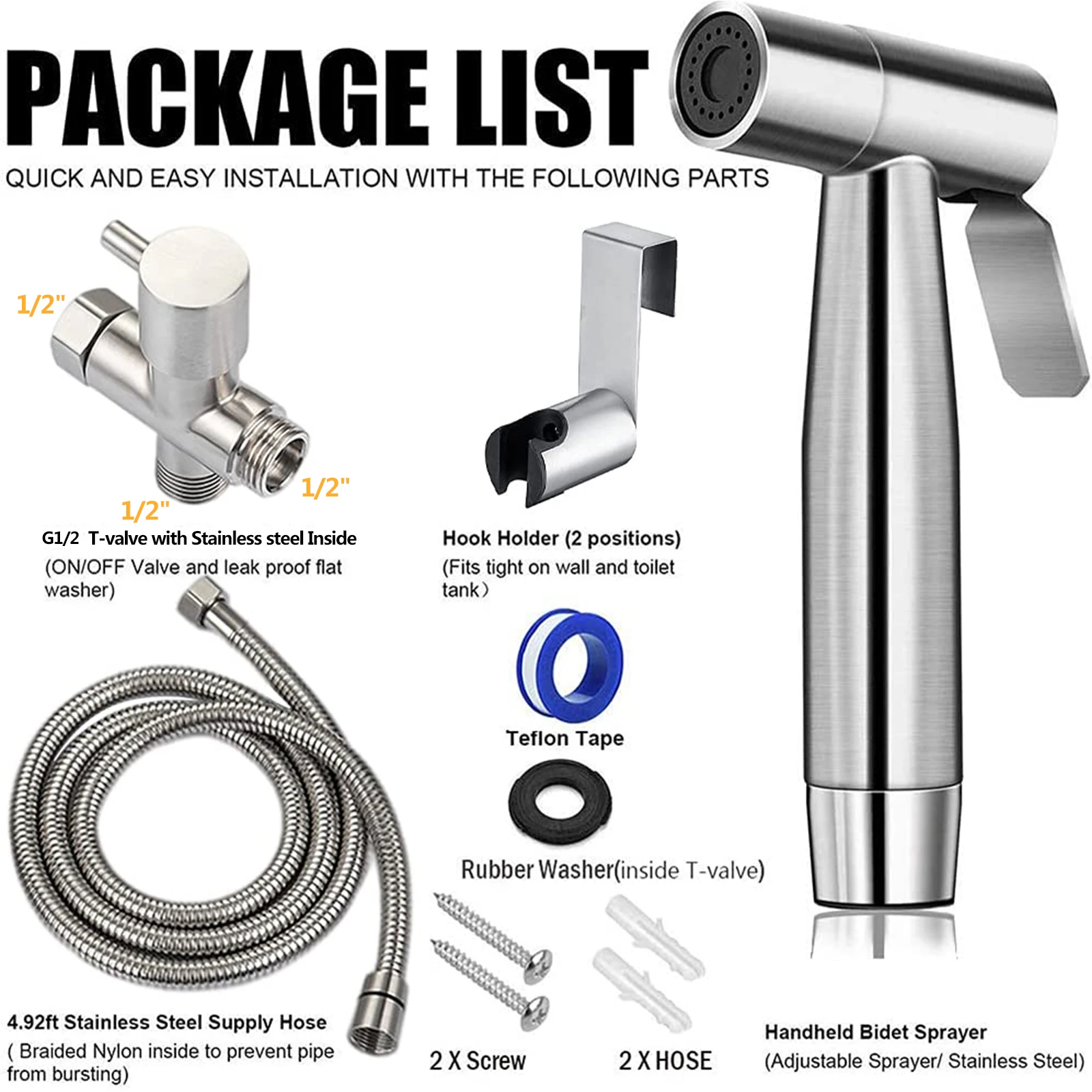 Handheld Toilet Bidet Sprayer Set Kit Stainless Steel Hand Bidet faucet for Bathroom Hand Sprayer Shower Head Self Cleaning thumbnail 6
