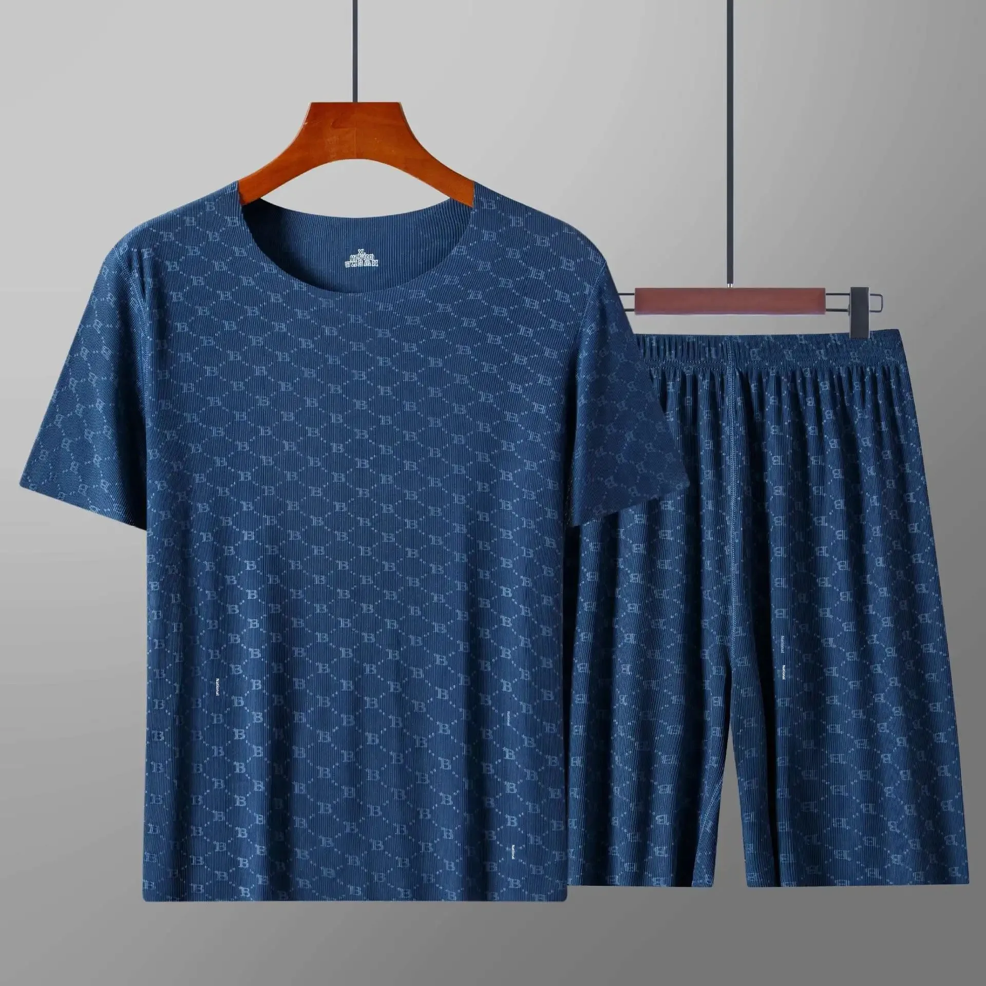 Navy blue [Top + shorts] Ice Silk suit